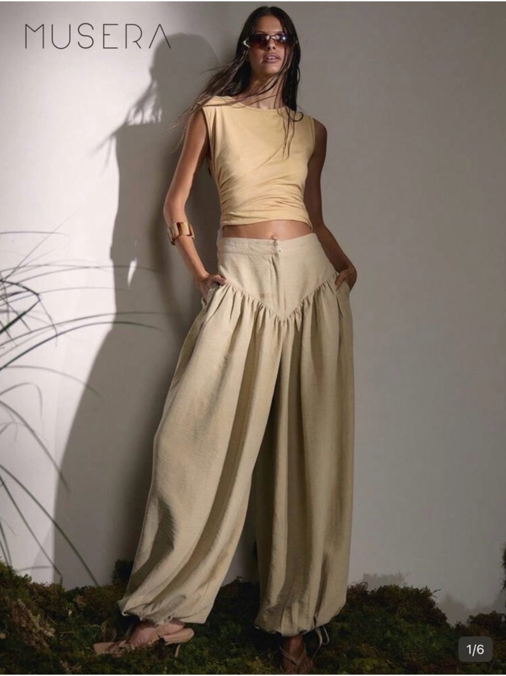 MUSERA Sand High Rise Wide-Leg Tie Hem Balloon Trousers SZ L